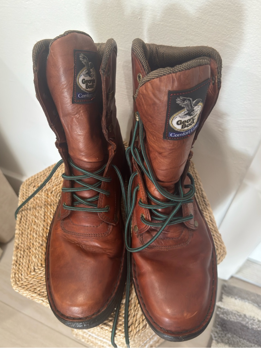 Georgia Boot Brown Leather Lace-Up Work Boots with Green Laces